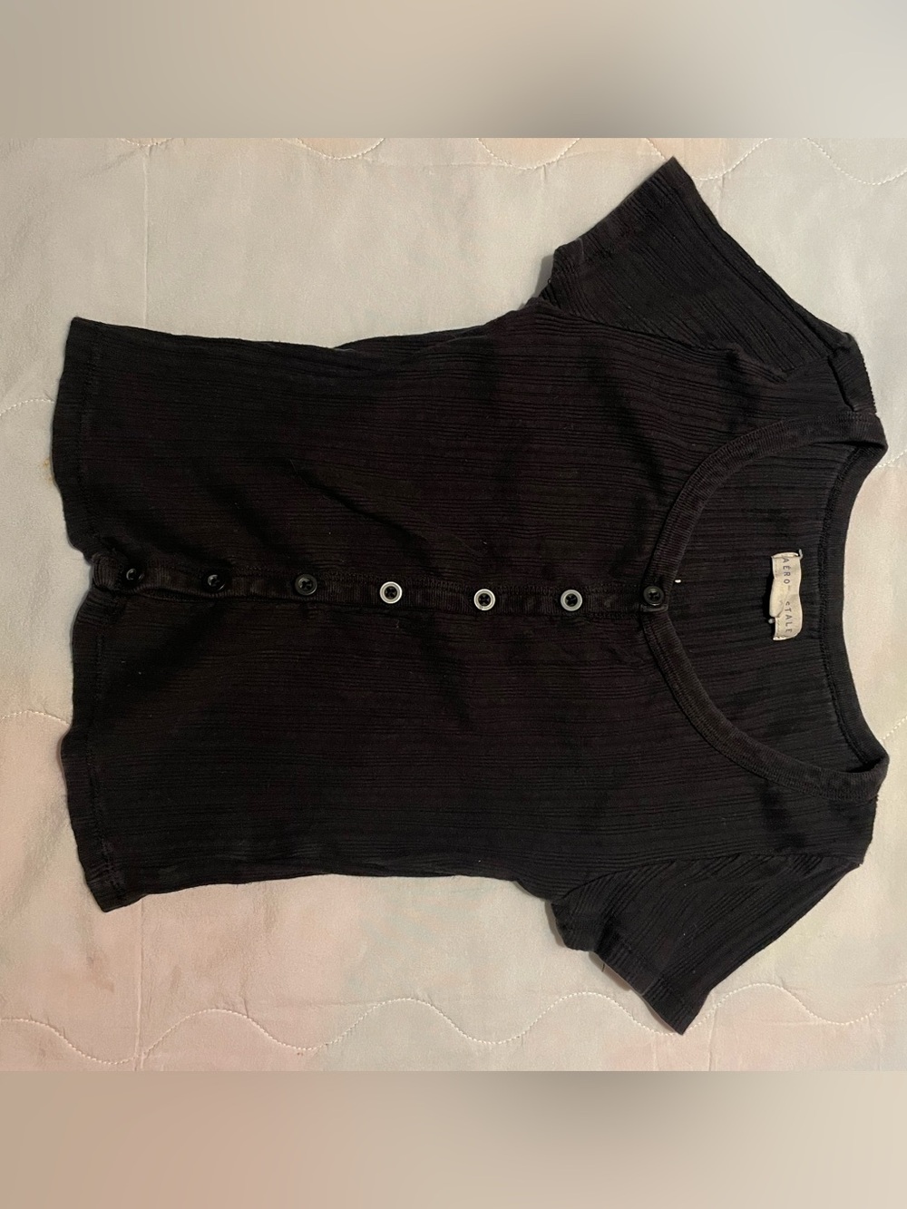 Aeropostale Black Ribbed Short-Sleeve Button-Front Top
